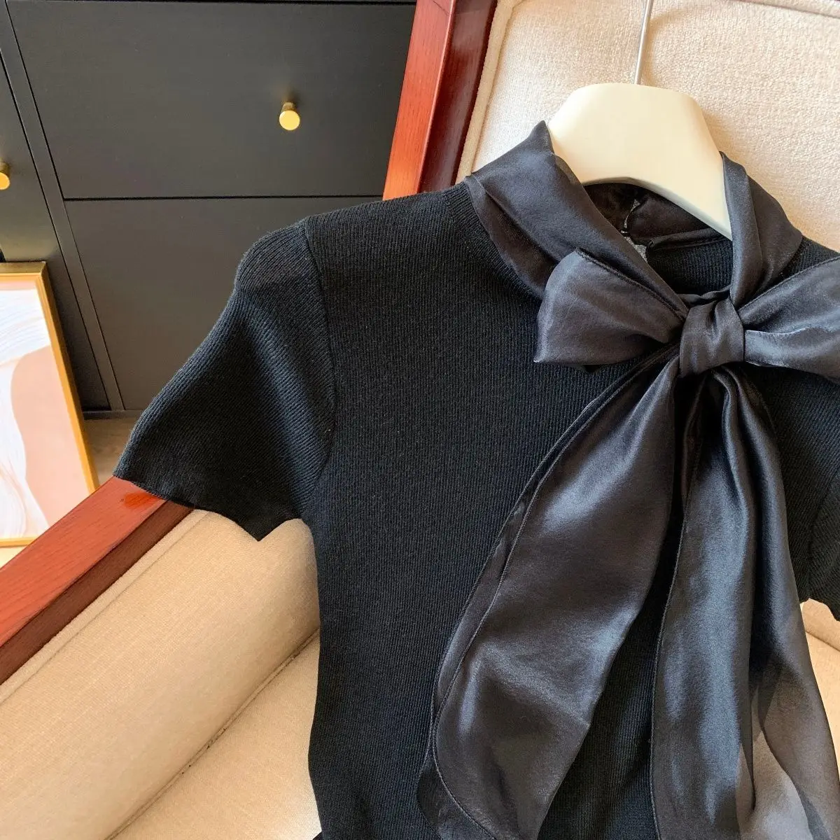 Knit Summer Short Sleeve Tee Women Elegant Luxury Bow Tied T Shirt Korean Sweet Work Wear Basic Plain Shirt Slim Fitted Pullover