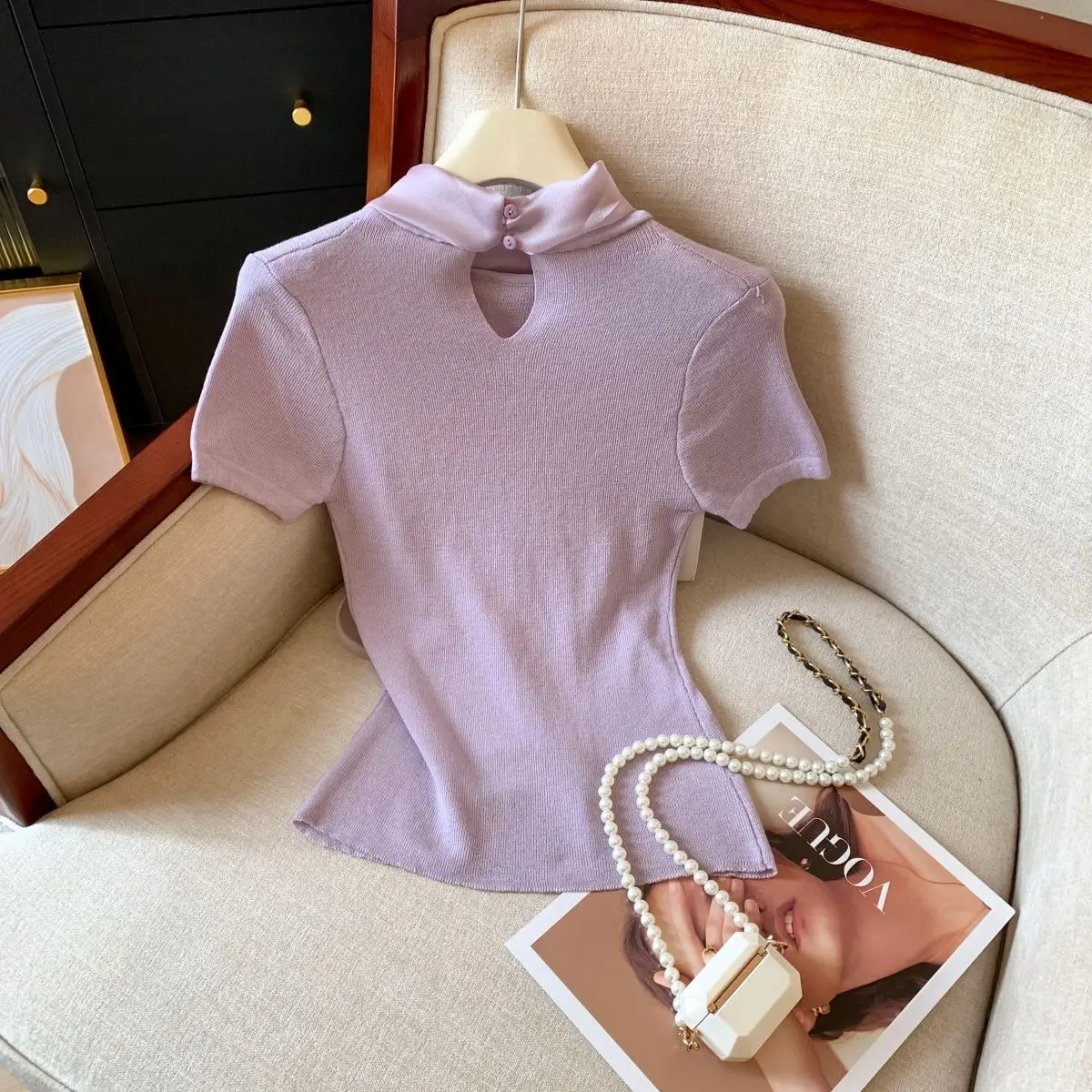 Knit Summer Short Sleeve Tee Women Elegant Luxury Bow Tied T Shirt Korean Sweet Work Wear Basic Plain Shirt Slim Fitted Pullover