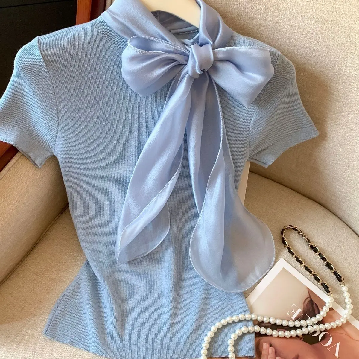 Knit Summer Short Sleeve Tee Women Elegant Luxury Bow Tied T Shirt Korean Sweet Work Wear Basic Plain Shirt Slim Fitted Pullover