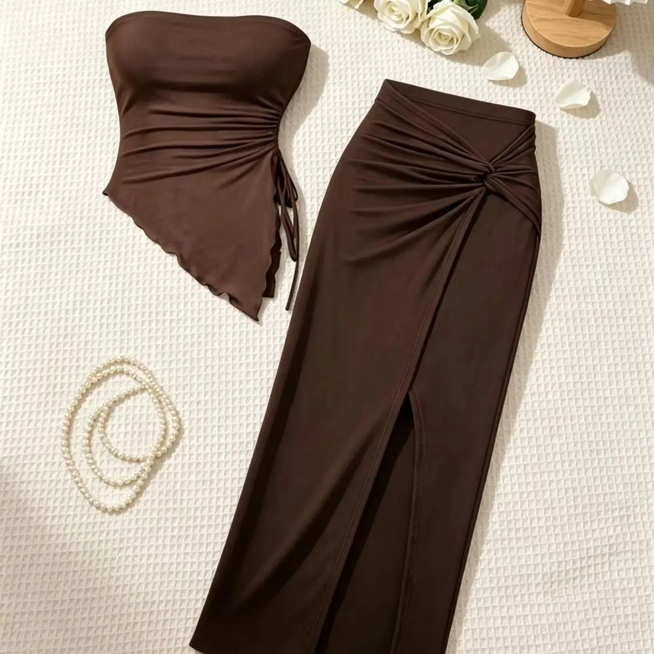 2 Piece Women Strapless Side Drawstring Ruffle Hem Crop Top Twist Front High Slit Midi Skirt Set Solid Brown Slim Bodycon Two Pi