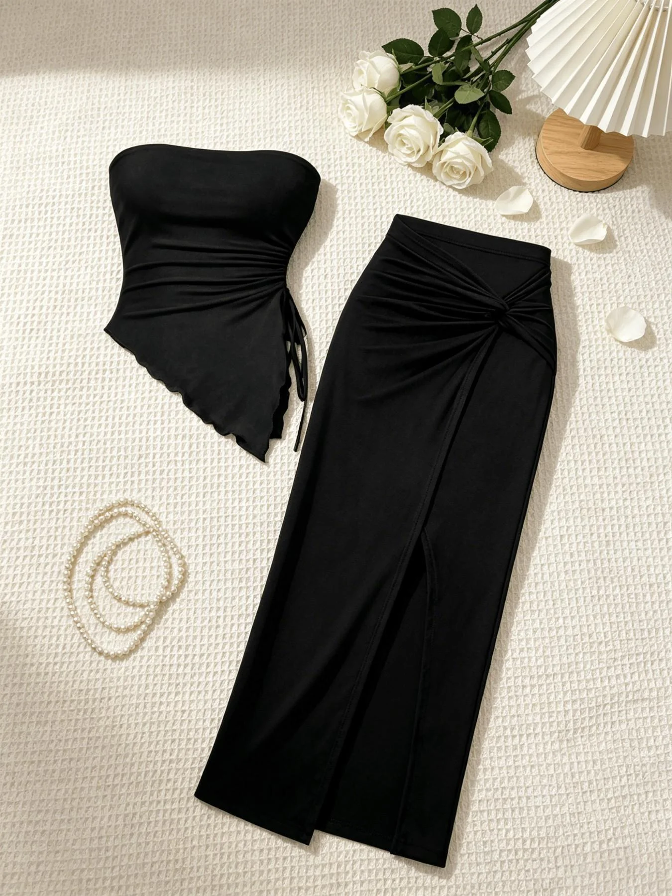 2 Piece Women Strapless Side Drawstring Ruffle Hem Crop Top Twist Front High Slit Midi Skirt Set Solid Brown Slim Bodycon Two Pi
