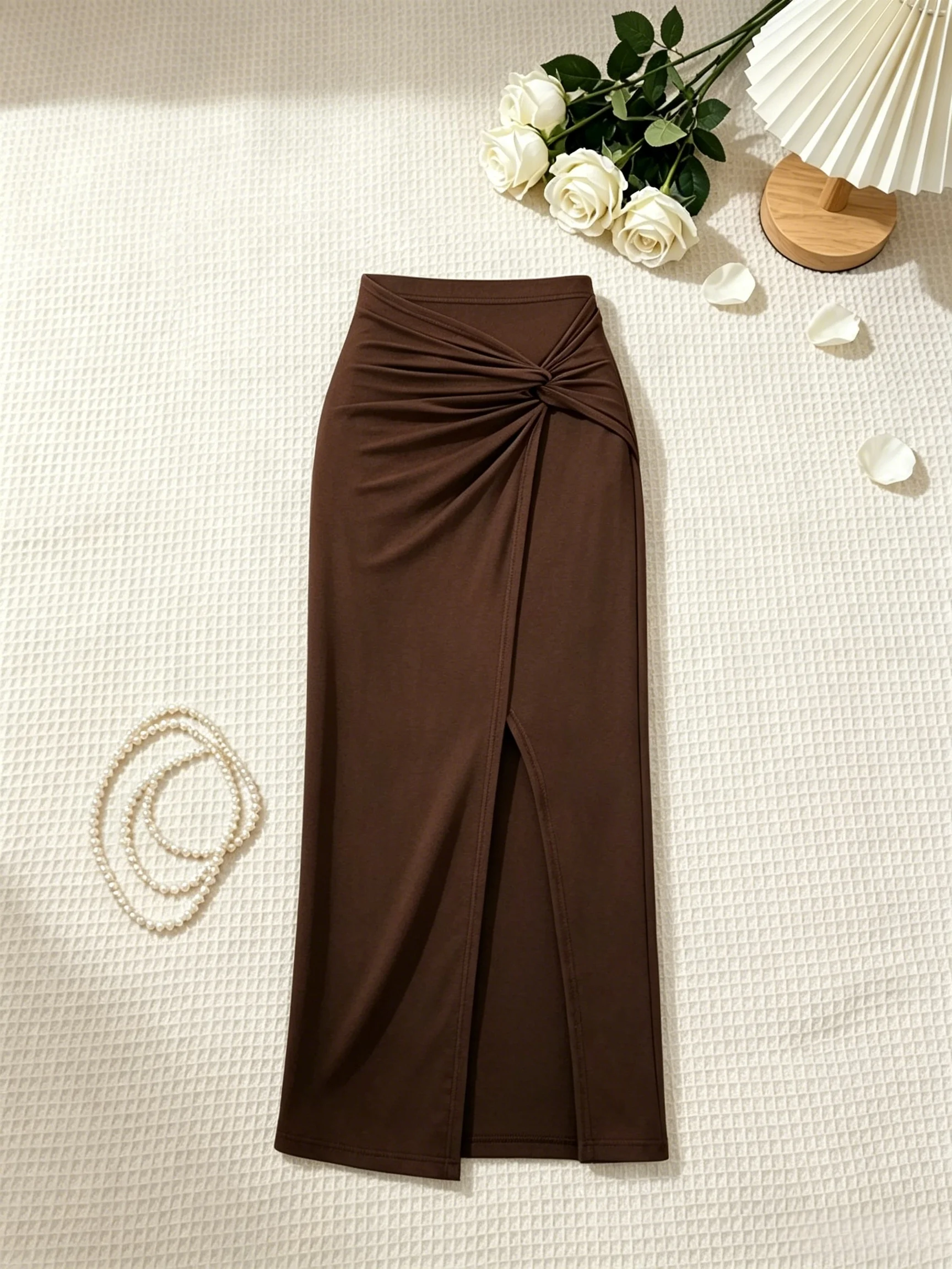 2 Piece Women Strapless Side Drawstring Ruffle Hem Crop Top Twist Front High Slit Midi Skirt Set Solid Brown Slim Bodycon Two Pi