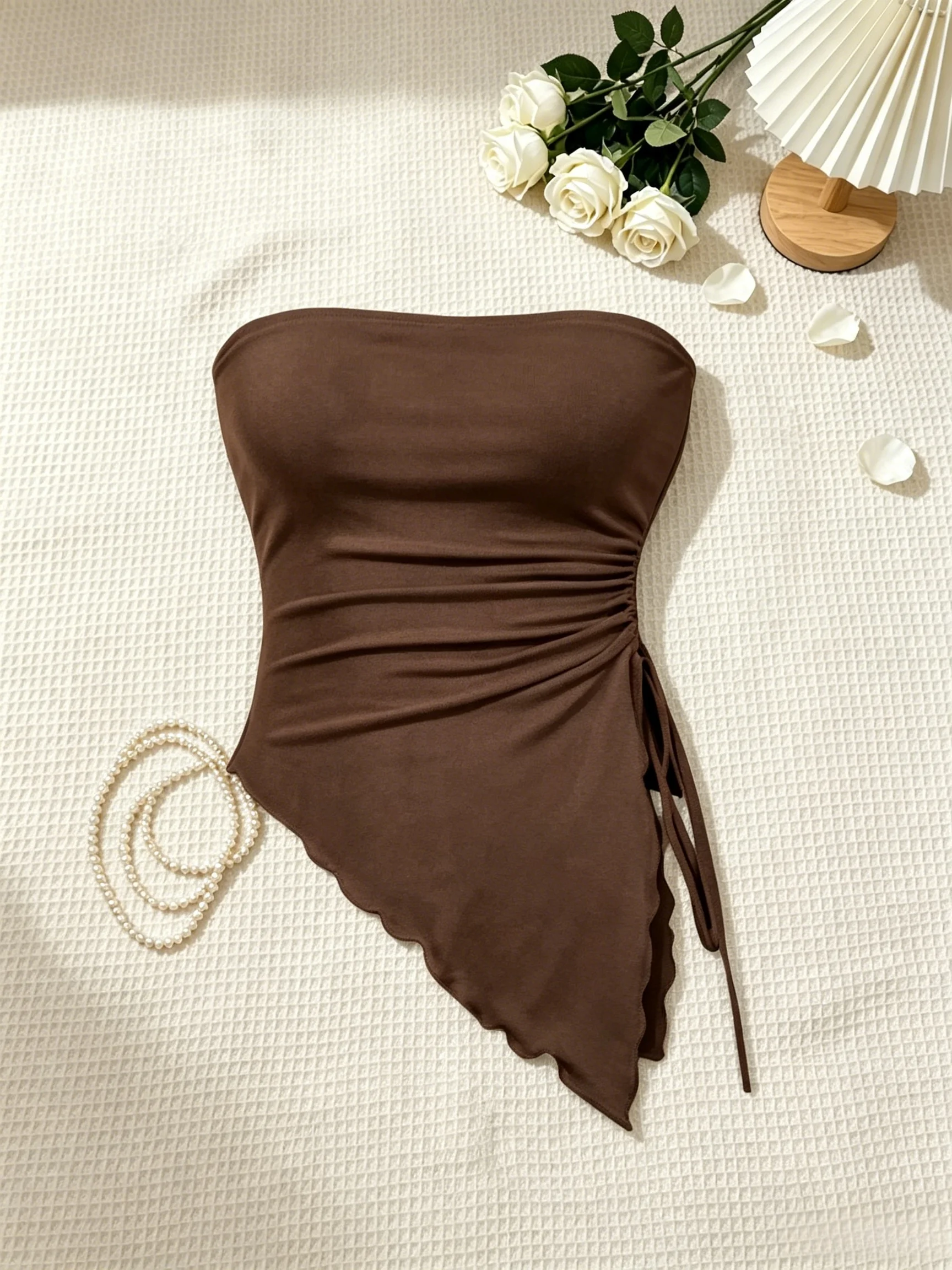 2 Piece Women Strapless Side Drawstring Ruffle Hem Crop Top Twist Front High Slit Midi Skirt Set Solid Brown Slim Bodycon Two Pi