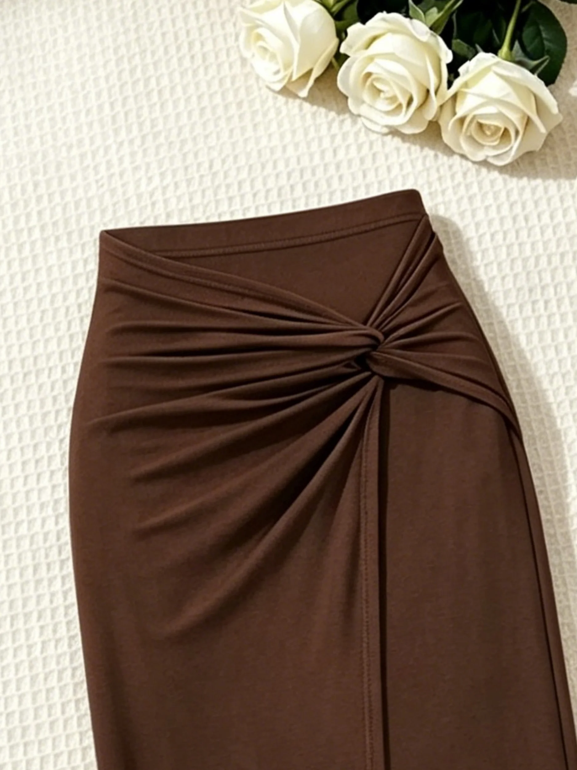 2 Piece Women Strapless Side Drawstring Ruffle Hem Crop Top Twist Front High Slit Midi Skirt Set Solid Brown Slim Bodycon Two Pi