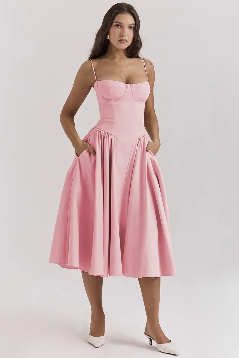 Women French Spaghetti Strap Midi Dress Bustier Corset Waist Swing Sundress Vintage Elegant A Line Long Dress Summer Casual