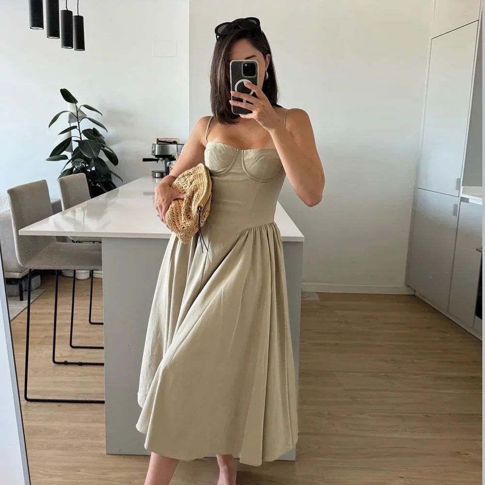 Women French Spaghetti Strap Midi Dress Bustier Corset Waist Swing Sundress Vintage Elegant A Line Long Dress Summer Casual