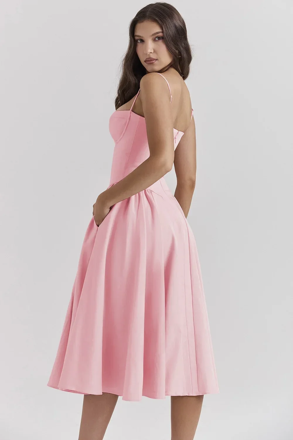 Women French Spaghetti Strap Midi Dress Bustier Corset Waist Swing Sundress Vintage Elegant A Line Long Dress Summer Casual