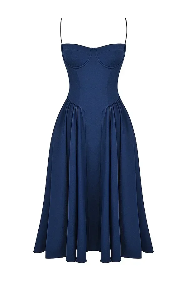 Women French Spaghetti Strap Midi Dress Bustier Corset Waist Swing Sundress Vintage Elegant A Line Long Dress Summer Casual