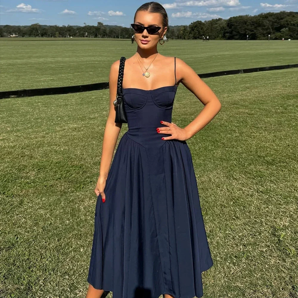 Women French Spaghetti Strap Midi Dress Bustier Corset Waist Swing Sundress Vintage Elegant A Line Long Dress Summer Casual