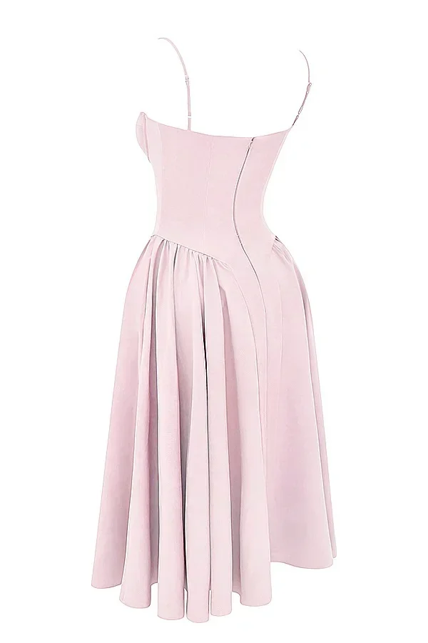 Women French Spaghetti Strap Midi Dress Bustier Corset Waist Swing Sundress Vintage Elegant A Line Long Dress Summer Casual