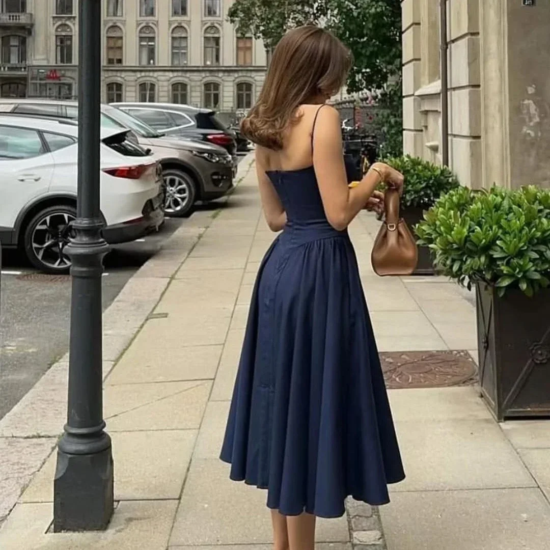 Women French Spaghetti Strap Midi Dress Bustier Corset Waist Swing Sundress Vintage Elegant A Line Long Dress Summer Casual