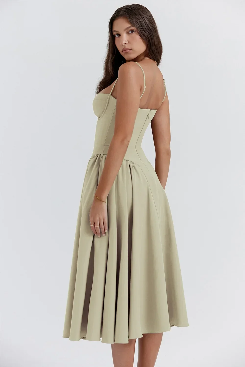 Women French Spaghetti Strap Midi Dress Bustier Corset Waist Swing Sundress Vintage Elegant A Line Long Dress Summer Casual