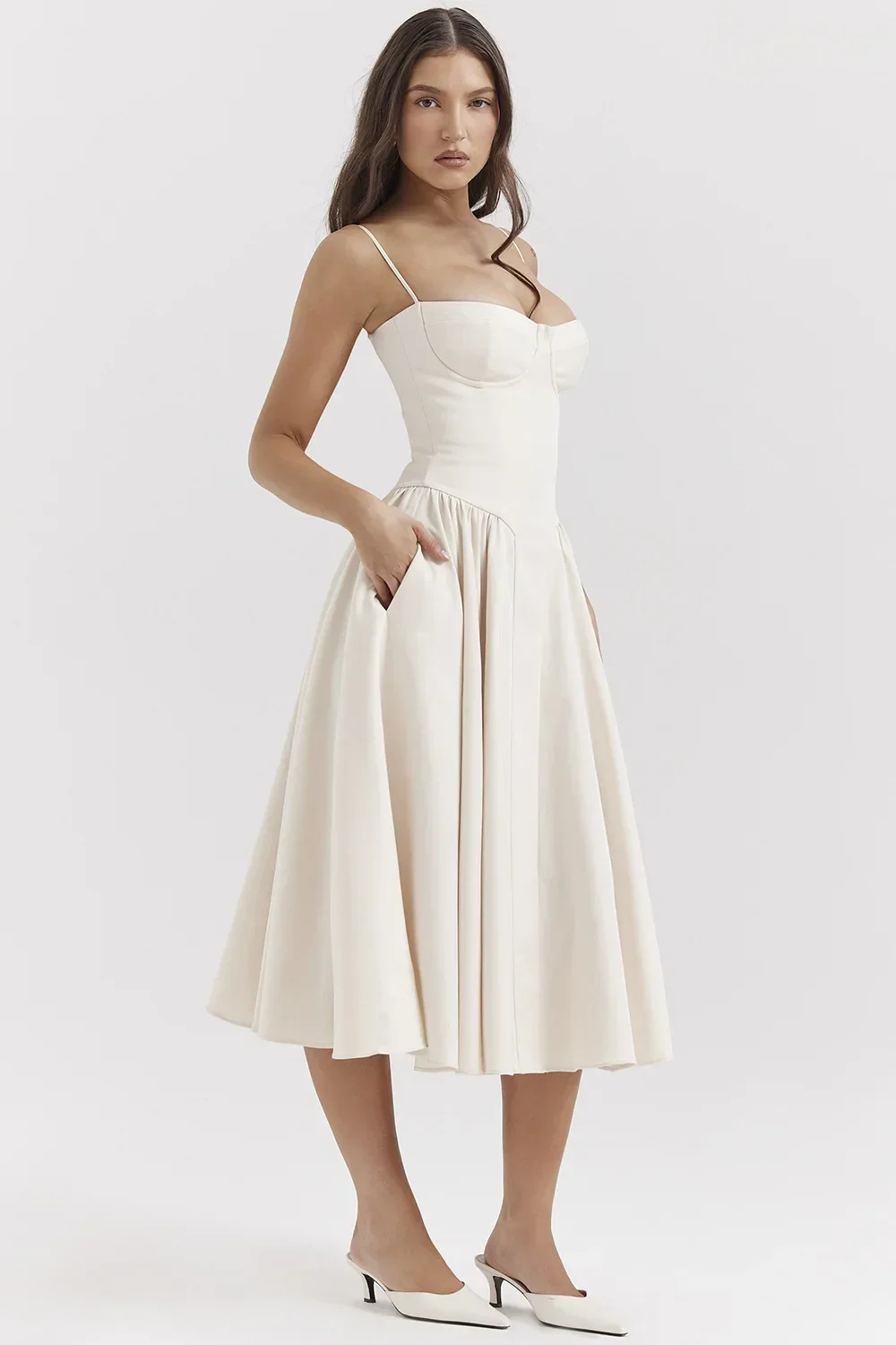 Women French Spaghetti Strap Midi Dress Bustier Corset Waist Swing Sundress Vintage Elegant A Line Long Dress Summer Casual