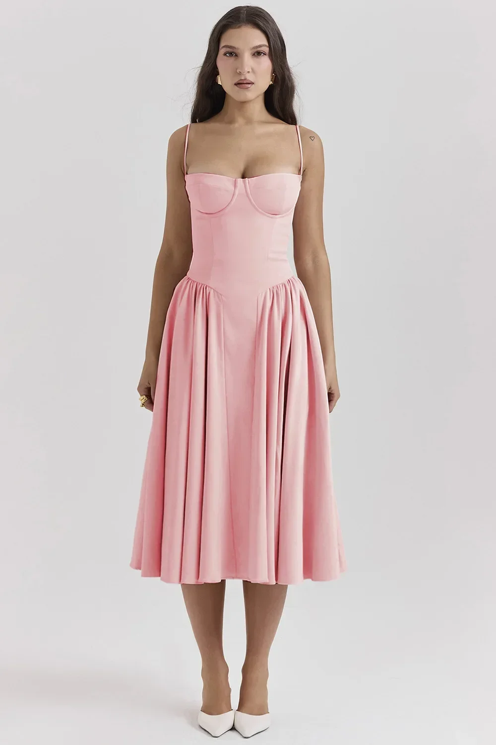 Women French Spaghetti Strap Midi Dress Bustier Corset Waist Swing Sundress Vintage Elegant A Line Long Dress Summer Casual
