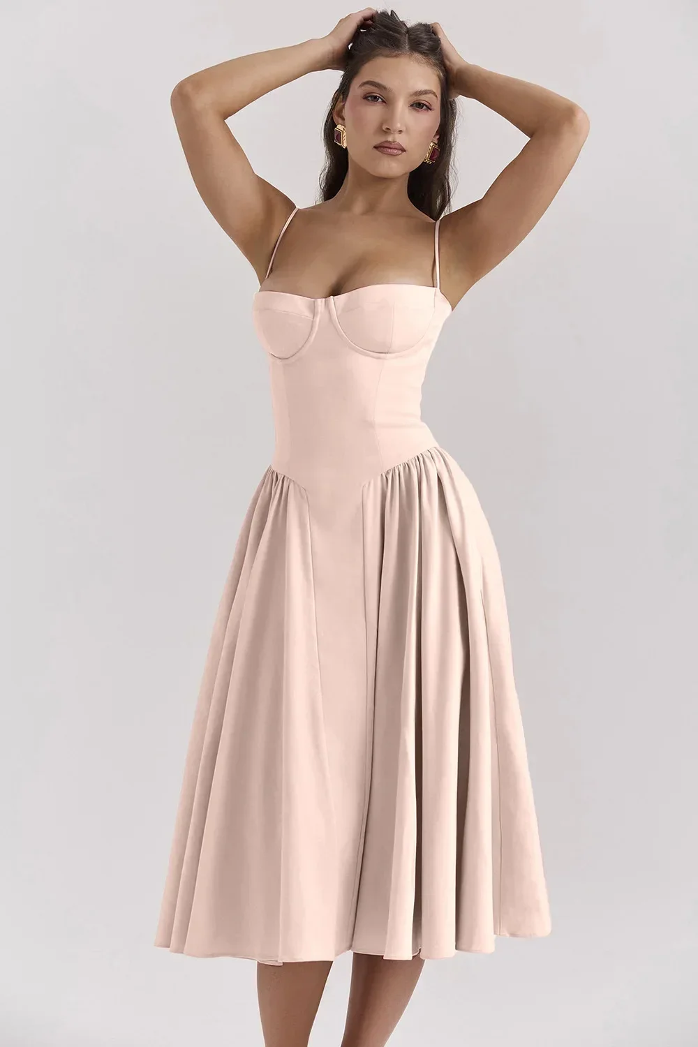 Women French Spaghetti Strap Midi Dress Bustier Corset Waist Swing Sundress Vintage Elegant A Line Long Dress Summer Casual