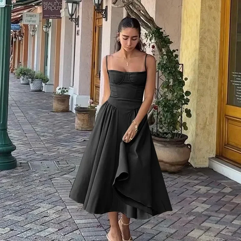 Women French Spaghetti Strap Midi Dress Bustier Corset Waist Swing Sundress Vintage Elegant A Line Long Dress Summer Casual