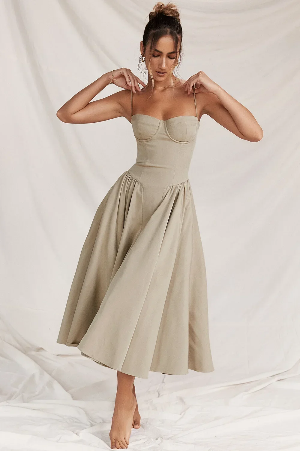 Women French Spaghetti Strap Midi Dress Bustier Corset Waist Swing Sundress Vintage Elegant A Line Long Dress Summer Casual