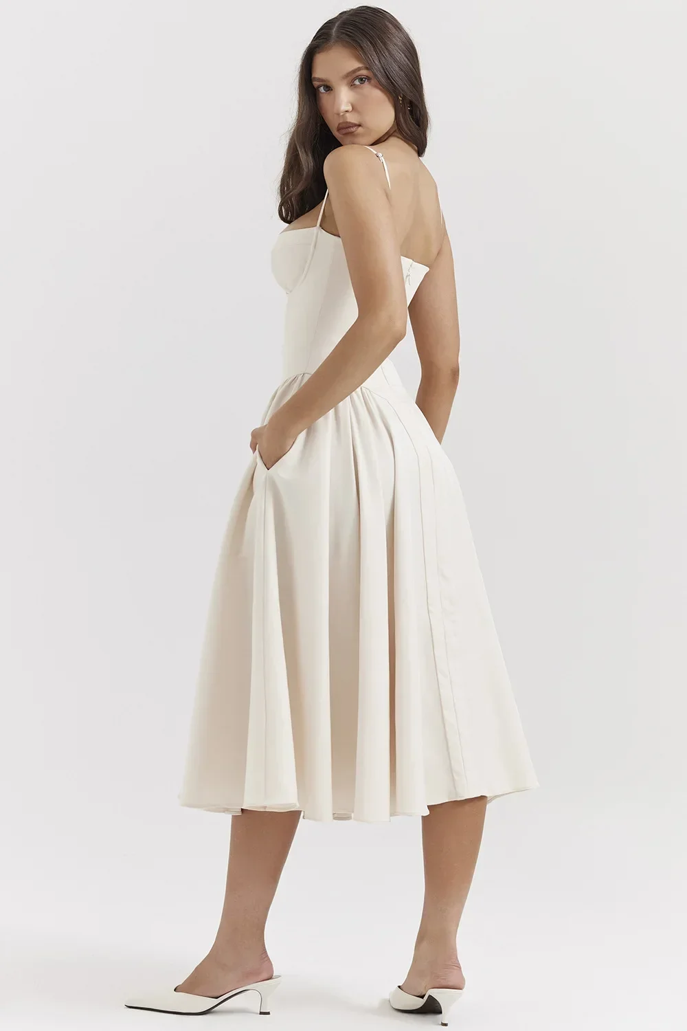 Women French Spaghetti Strap Midi Dress Bustier Corset Waist Swing Sundress Vintage Elegant A Line Long Dress Summer Casual