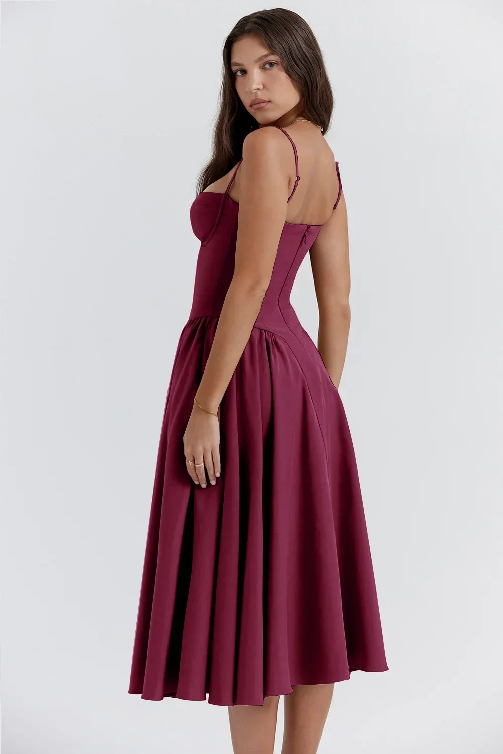 Women French Spaghetti Strap Midi Dress Bustier Corset Waist Swing Sundress Vintage Elegant A Line Long Dress Summer Casual