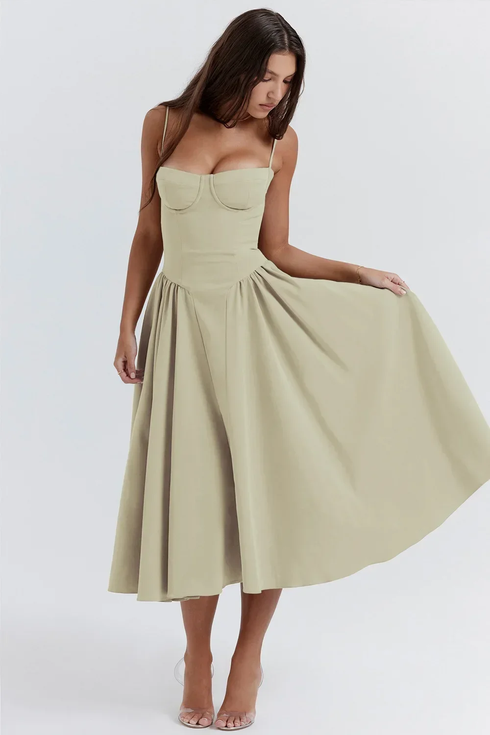 Women French Spaghetti Strap Midi Dress Bustier Corset Waist Swing Sundress Vintage Elegant A Line Long Dress Summer Casual