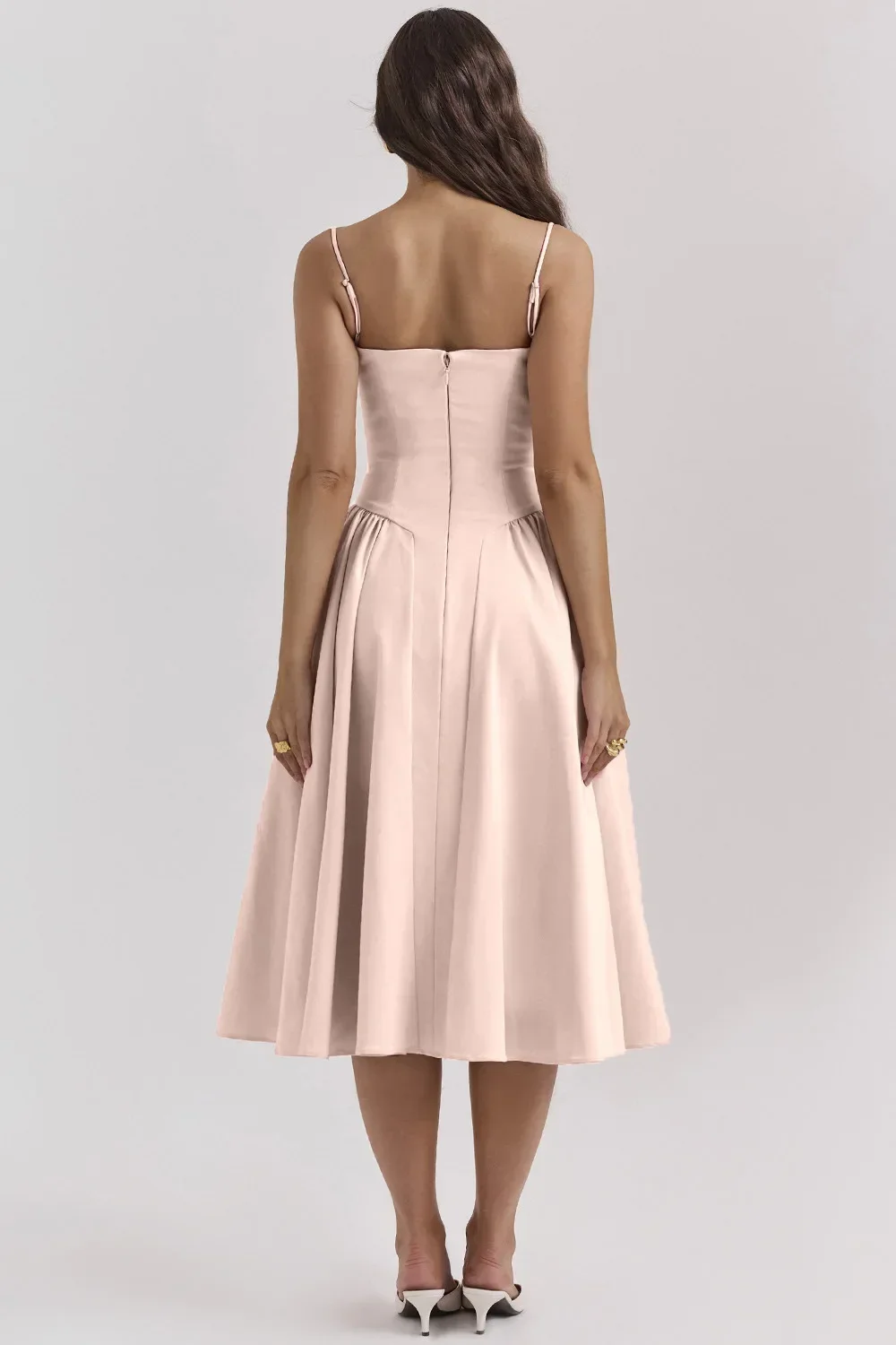 Women French Spaghetti Strap Midi Dress Bustier Corset Waist Swing Sundress Vintage Elegant A Line Long Dress Summer Casual