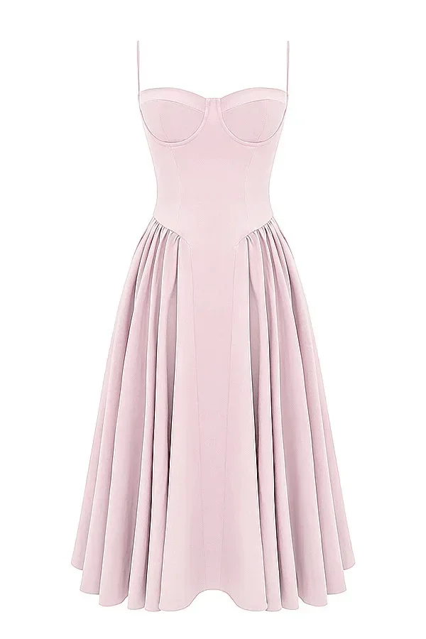 Women French Spaghetti Strap Midi Dress Bustier Corset Waist Swing Sundress Vintage Elegant A Line Long Dress Summer Casual