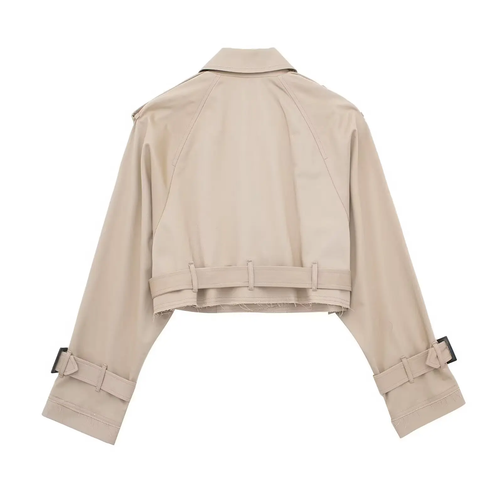 HH 2025 Women Belt Cropped Trench Spring Jacket Vintage Streetwear Double Breasted Long Sleeve Top Female Coat Outfits