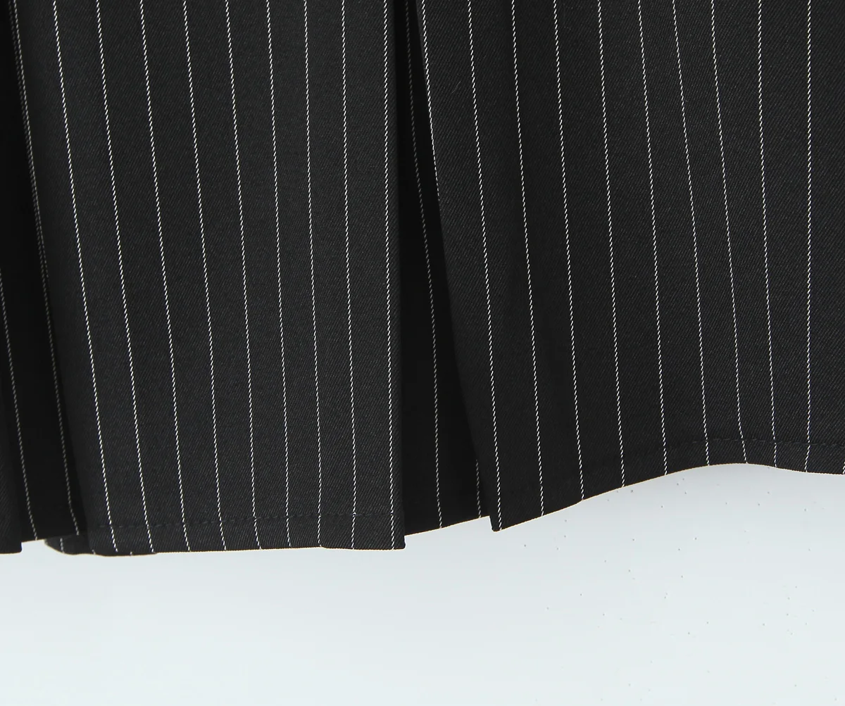 Black Striped Bow Ruched Chest Hook Buttons Crop Top Women Low Waist Package Hips Pleated Mini Skirt Suits 2 Pieces 1 Set
