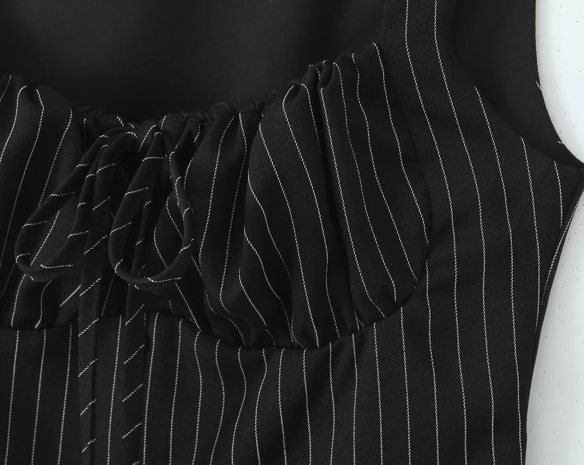 Black Striped Bow Ruched Chest Hook Buttons Crop Top Women Low Waist Package Hips Pleated Mini Skirt Suits 2 Pieces 1 Set