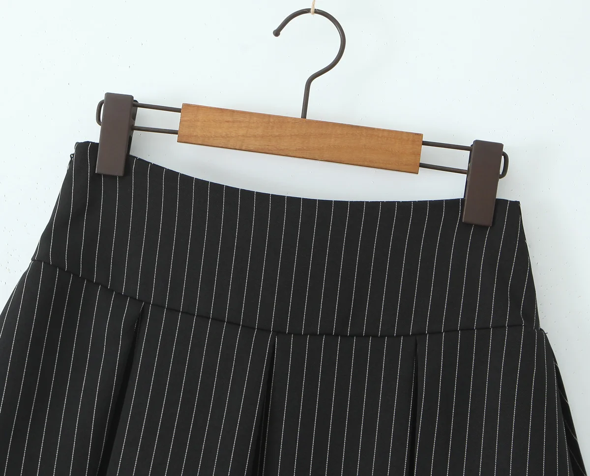 Black Striped Bow Ruched Chest Hook Buttons Crop Top Women Low Waist Package Hips Pleated Mini Skirt Suits 2 Pieces 1 Set