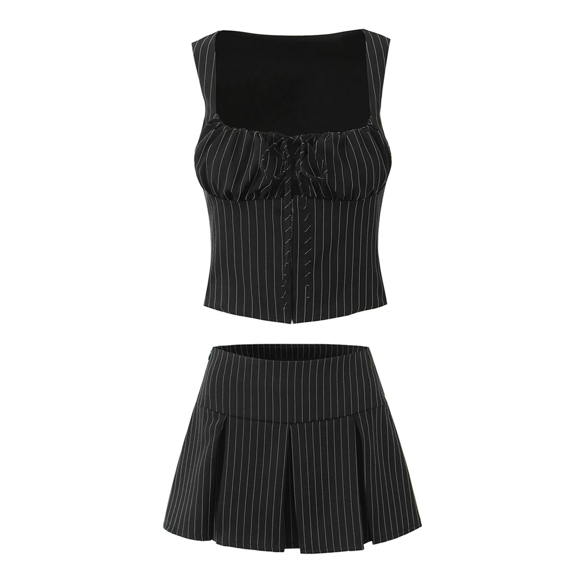 Black Striped Bow Ruched Chest Hook Buttons Crop Top Women Low Waist Package Hips Pleated Mini Skirt Suits 2 Pieces 1 Set