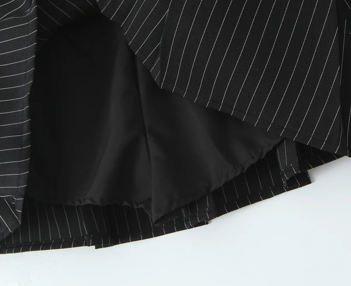 Black Striped Bow Ruched Chest Hook Buttons Crop Top Women Low Waist Package Hips Pleated Mini Skirt Suits 2 Pieces 1 Set