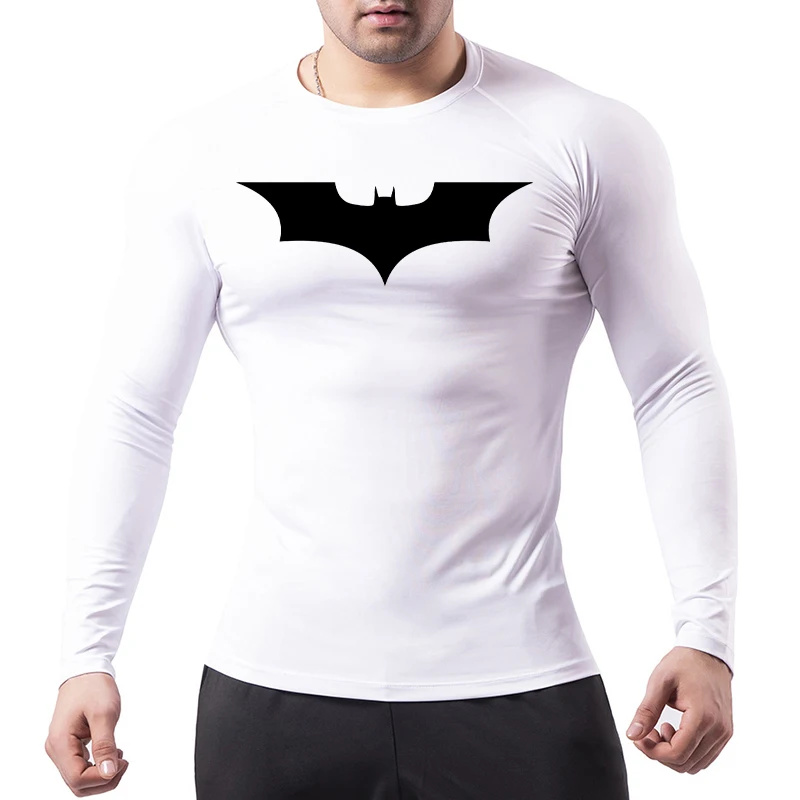 Bat Print Long Sleeve Compression Shirts for Men Gym Workout Running Tees Athletic Quick Dry Tshirts Tops Rash Guard Baselayers