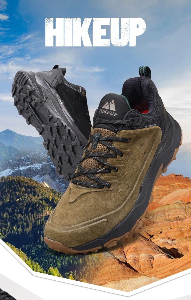 HIKEUP Hiking Shoes for Men Outdoor Sports Camping Hunting Walking Shoe Suede Genuine Leather Breathable Sneaker Non-slip