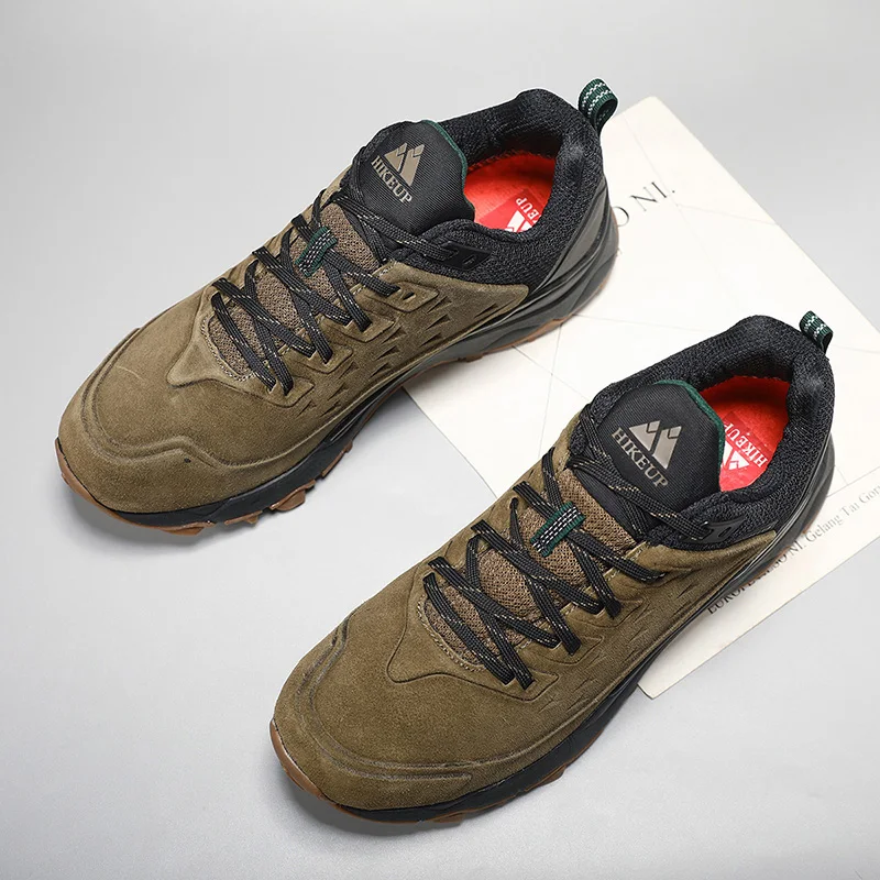 HIKEUP Hiking Shoes for Men Outdoor Sports Camping Hunting Walking Shoe Suede Genuine Leather Breathable Sneaker Non-slip