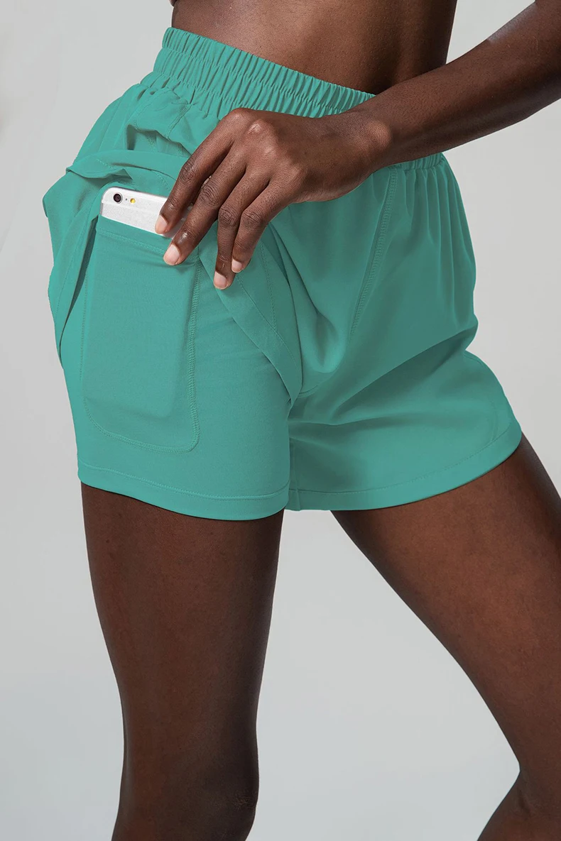 Women Summer Running Shorts 2 In 1 Woven Fabric Pocket Gym Yoga Shorts Female Loose Breathable Quick Dry Workout Sportswear