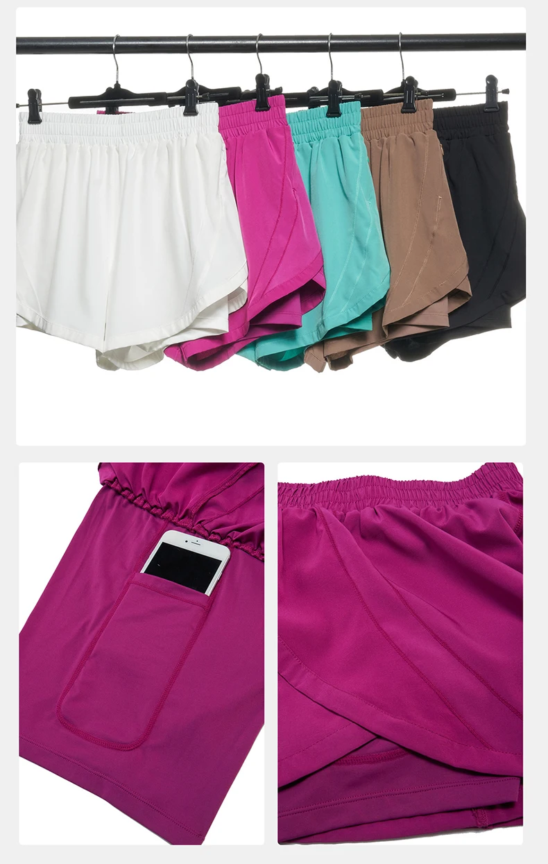 Women Summer Running Shorts 2 In 1 Woven Fabric Pocket Gym Yoga Shorts Female Loose Breathable Quick Dry Workout Sportswear