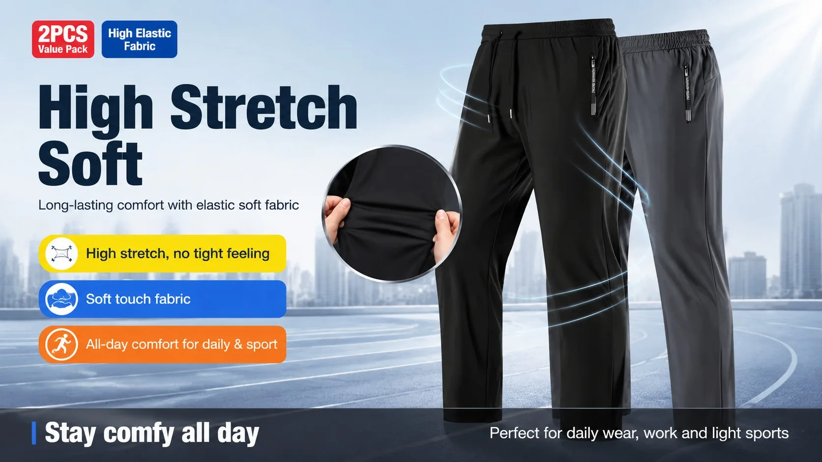 Men's Casual Pants High Elastic Fiber Drawstring Zipper Pocket Quick Dry Sports Pants Baggy Joggers Football Hiking Man Fishing