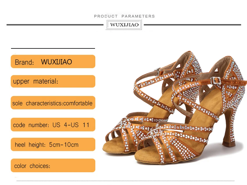 WUXIJIAO Women Party Dance Shoes Satin Shining Rhinestones Soft Bottom Latin Dance Shoes Woman Salsa Dance Shoes Heel