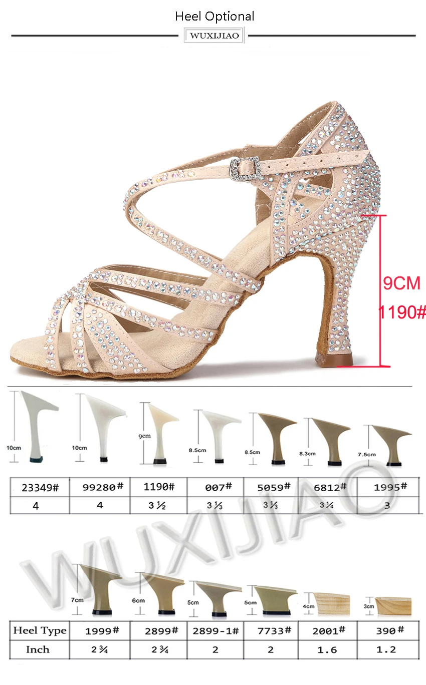 WUXIJIAO Women Party Dance Shoes Satin Shining Rhinestones Soft Bottom Latin Dance Shoes Woman Salsa Dance Shoes Heel
