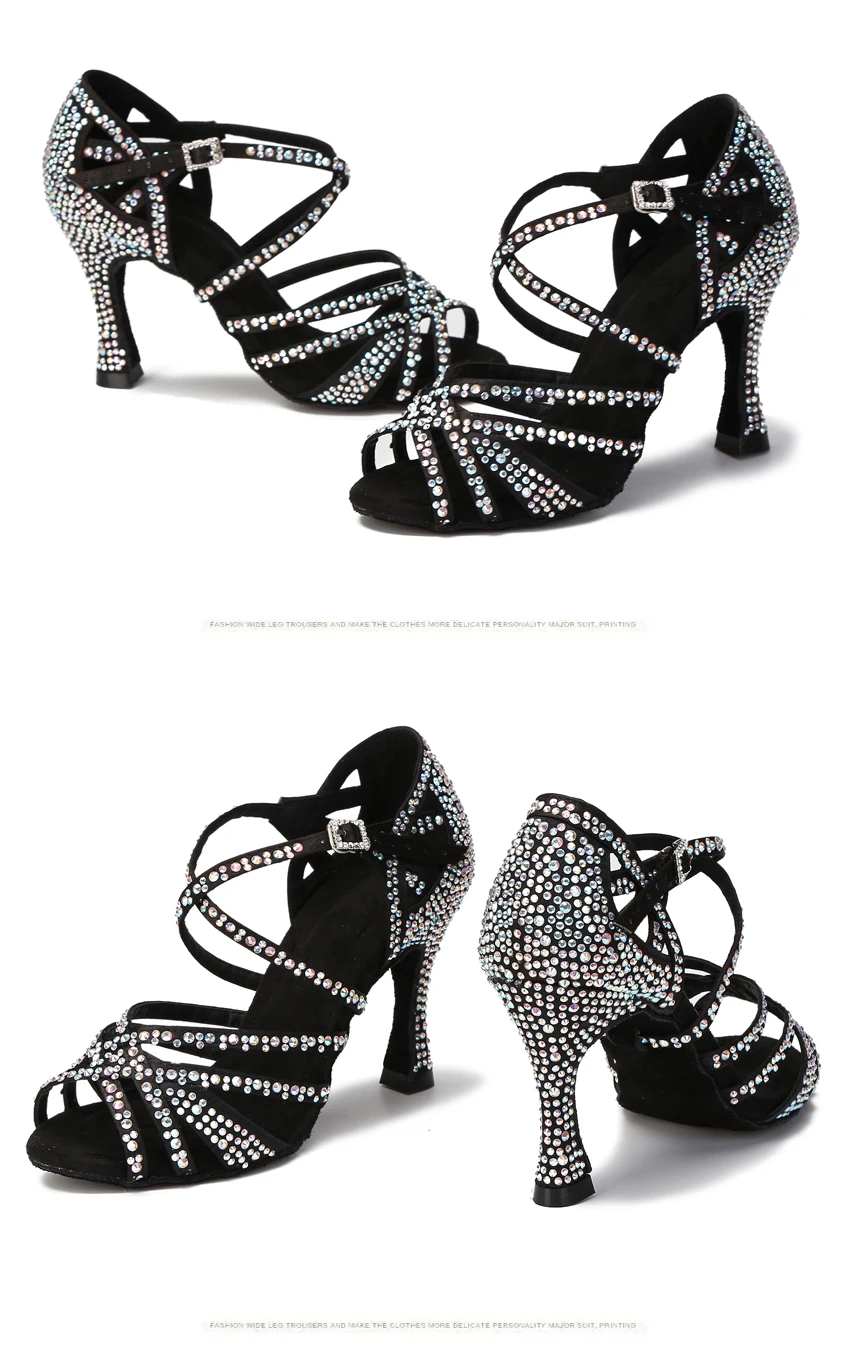 WUXIJIAO Women Party Dance Shoes Satin Shining Rhinestones Soft Bottom Latin Dance Shoes Woman Salsa Dance Shoes Heel