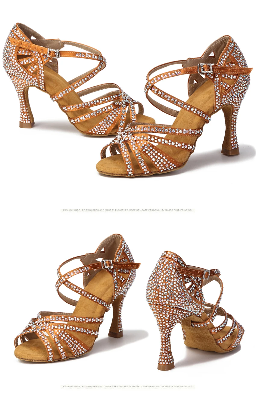 WUXIJIAO Women Party Dance Shoes Satin Shining Rhinestones Soft Bottom Latin Dance Shoes Woman Salsa Dance Shoes Heel