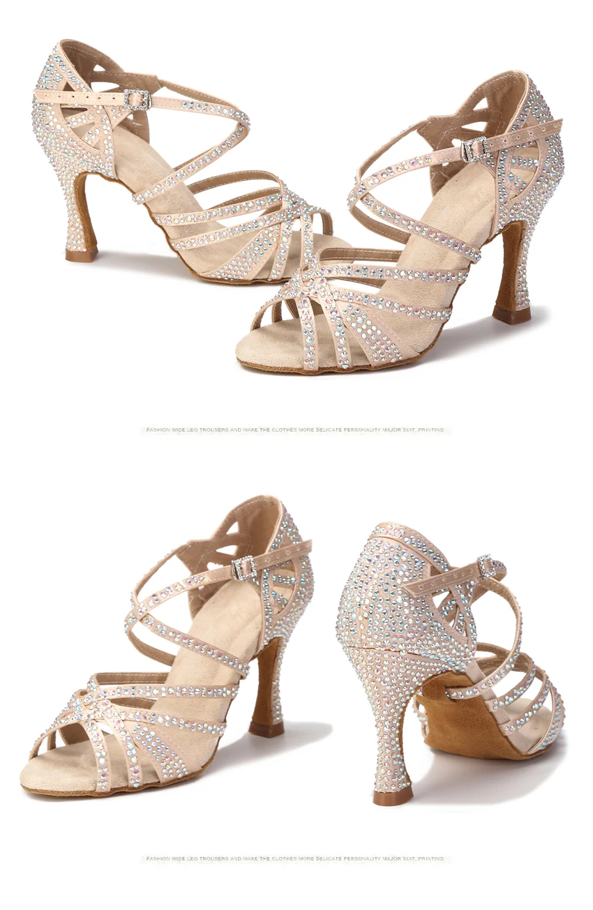 WUXIJIAO Women Party Dance Shoes Satin Shining Rhinestones Soft Bottom Latin Dance Shoes Woman Salsa Dance Shoes Heel