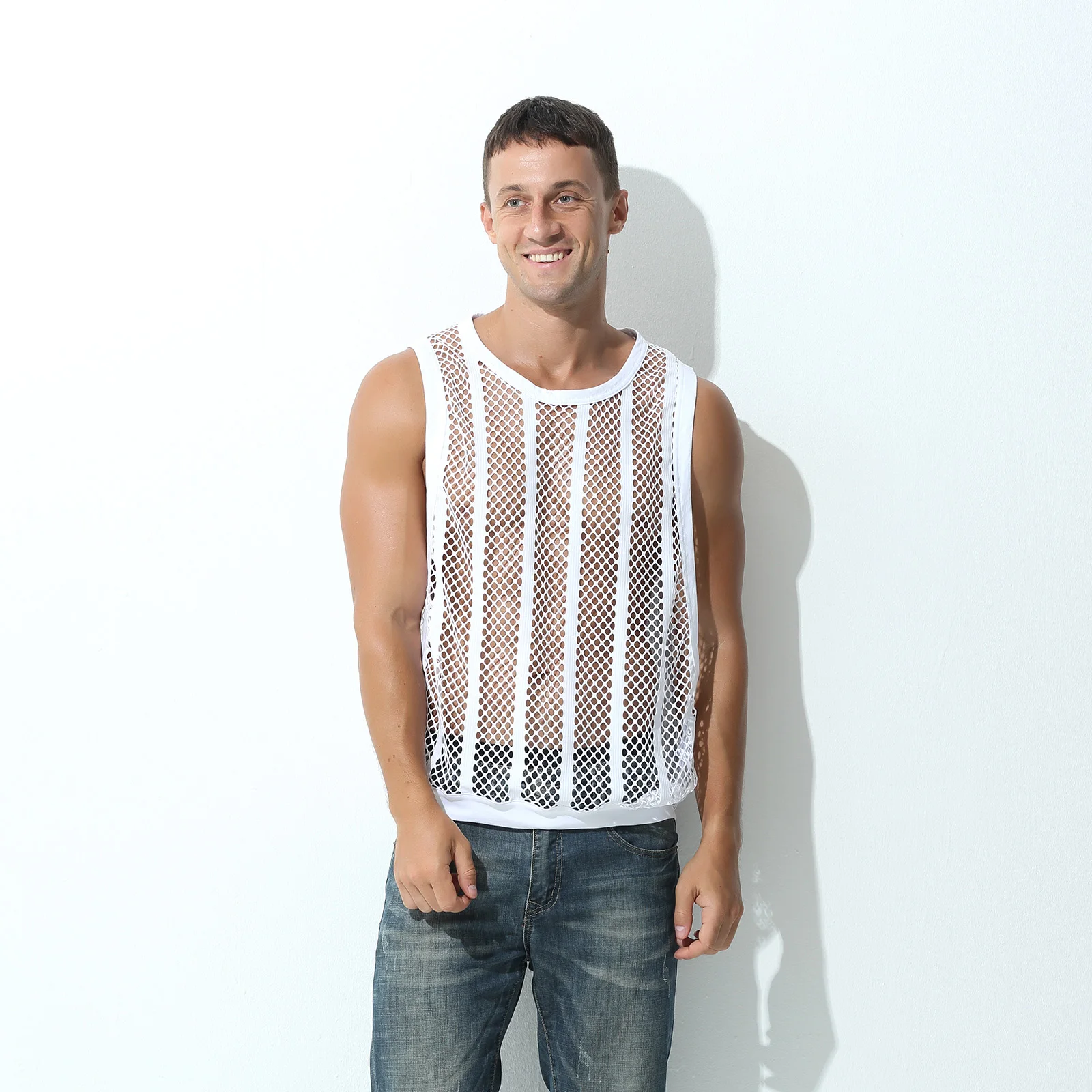 Mens Mesh Sheer Vest Bodybuilding Running Tank Tops Sexy Fishnet Fitness Sportwear Muscle Sleeveless Hollow Singlet Quick Dry