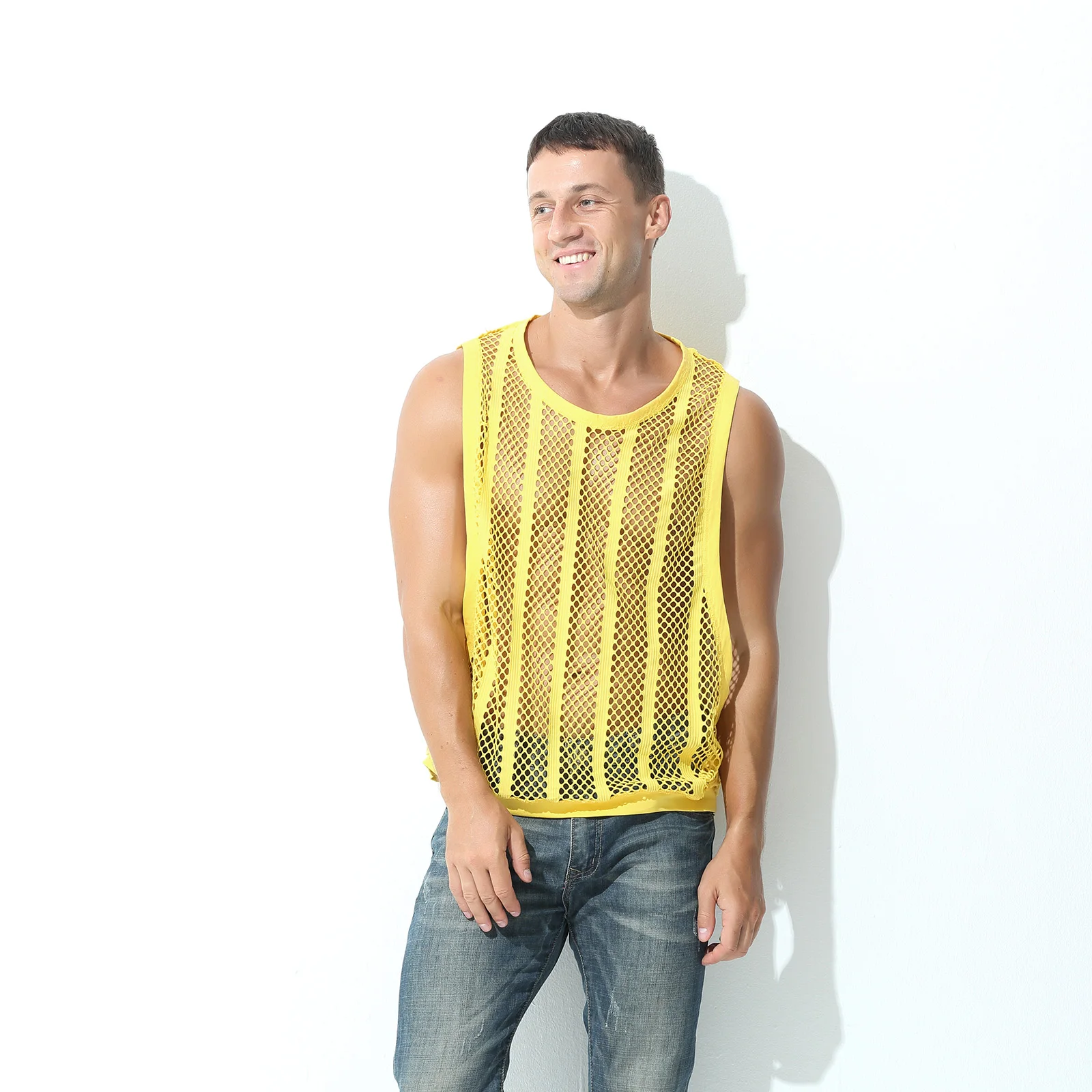 Mens Mesh Sheer Vest Bodybuilding Running Tank Tops Sexy Fishnet Fitness Sportwear Muscle Sleeveless Hollow Singlet Quick Dry