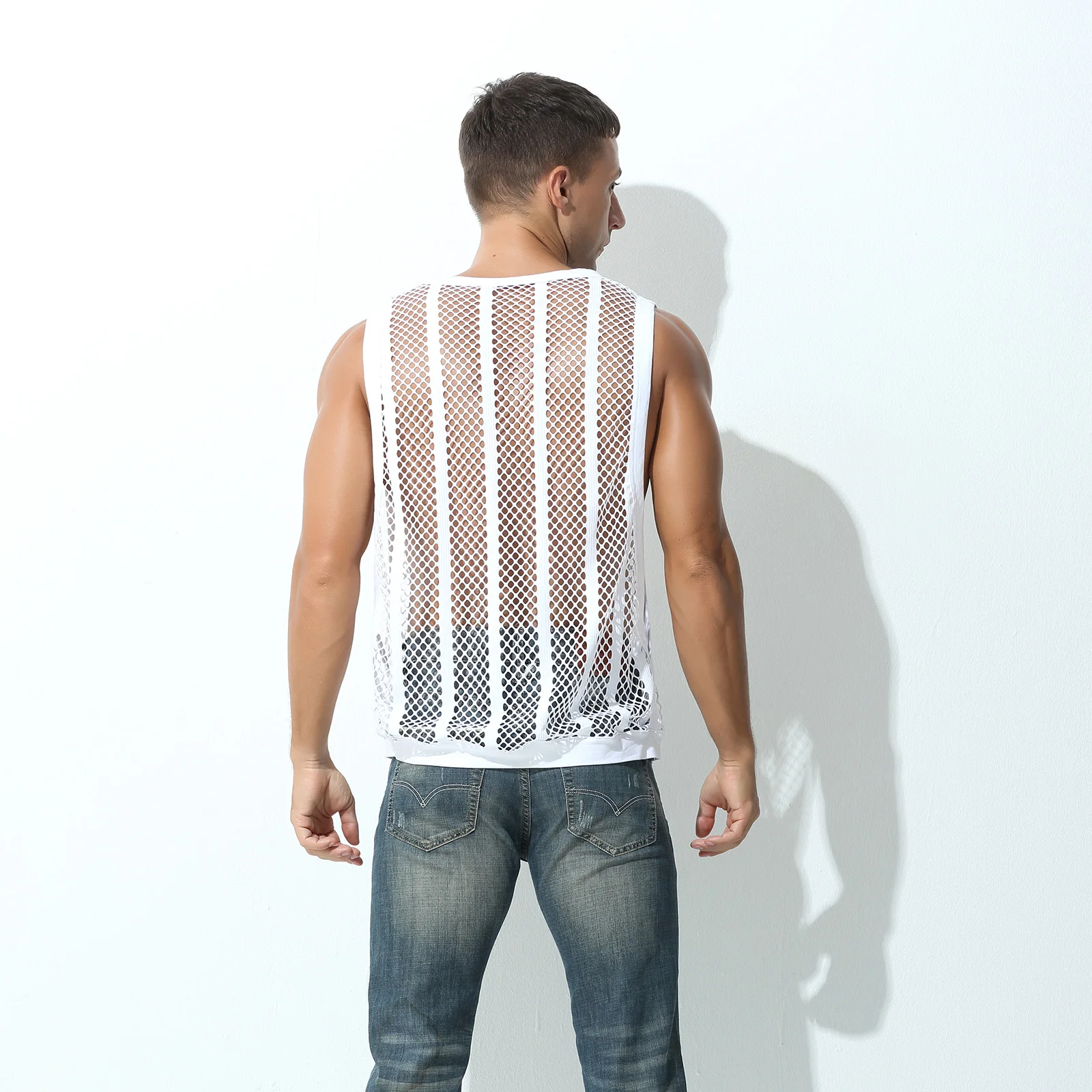 Mens Mesh Sheer Vest Bodybuilding Running Tank Tops Sexy Fishnet Fitness Sportwear Muscle Sleeveless Hollow Singlet Quick Dry