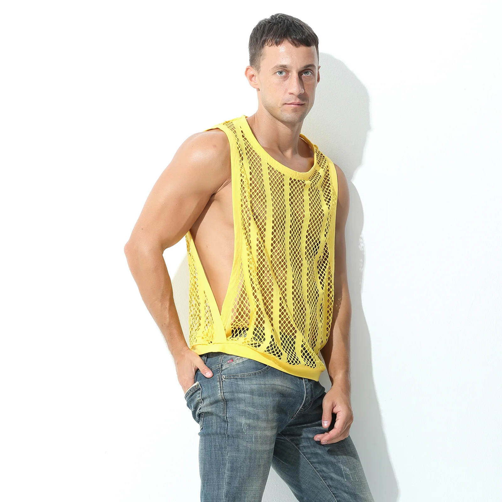Mens Mesh Sheer Vest Bodybuilding Running Tank Tops Sexy Fishnet Fitness Sportwear Muscle Sleeveless Hollow Singlet Quick Dry
