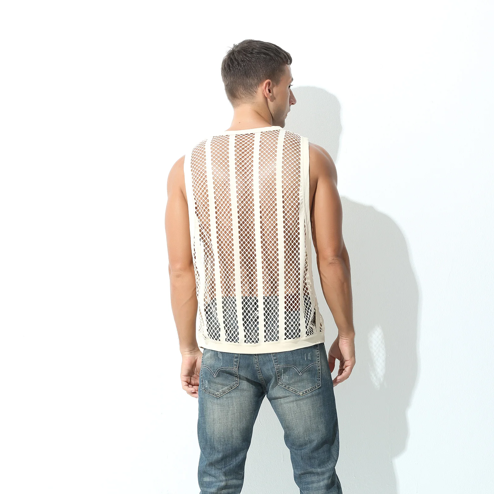 Mens Mesh Sheer Vest Bodybuilding Running Tank Tops Sexy Fishnet Fitness Sportwear Muscle Sleeveless Hollow Singlet Quick Dry