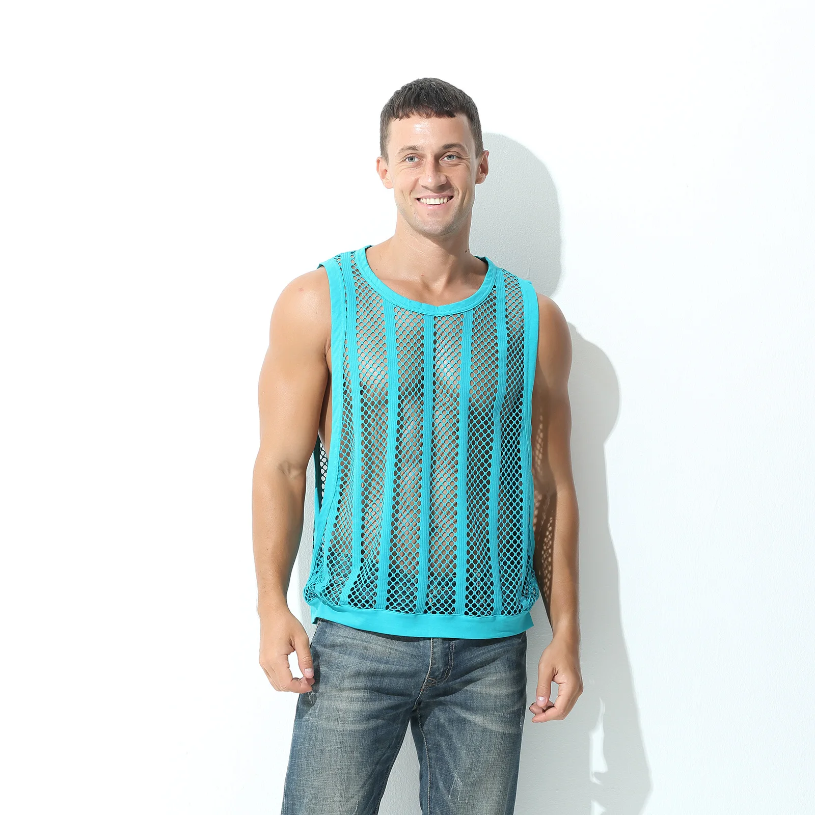 Mens Mesh Sheer Vest Bodybuilding Running Tank Tops Sexy Fishnet Fitness Sportwear Muscle Sleeveless Hollow Singlet Quick Dry