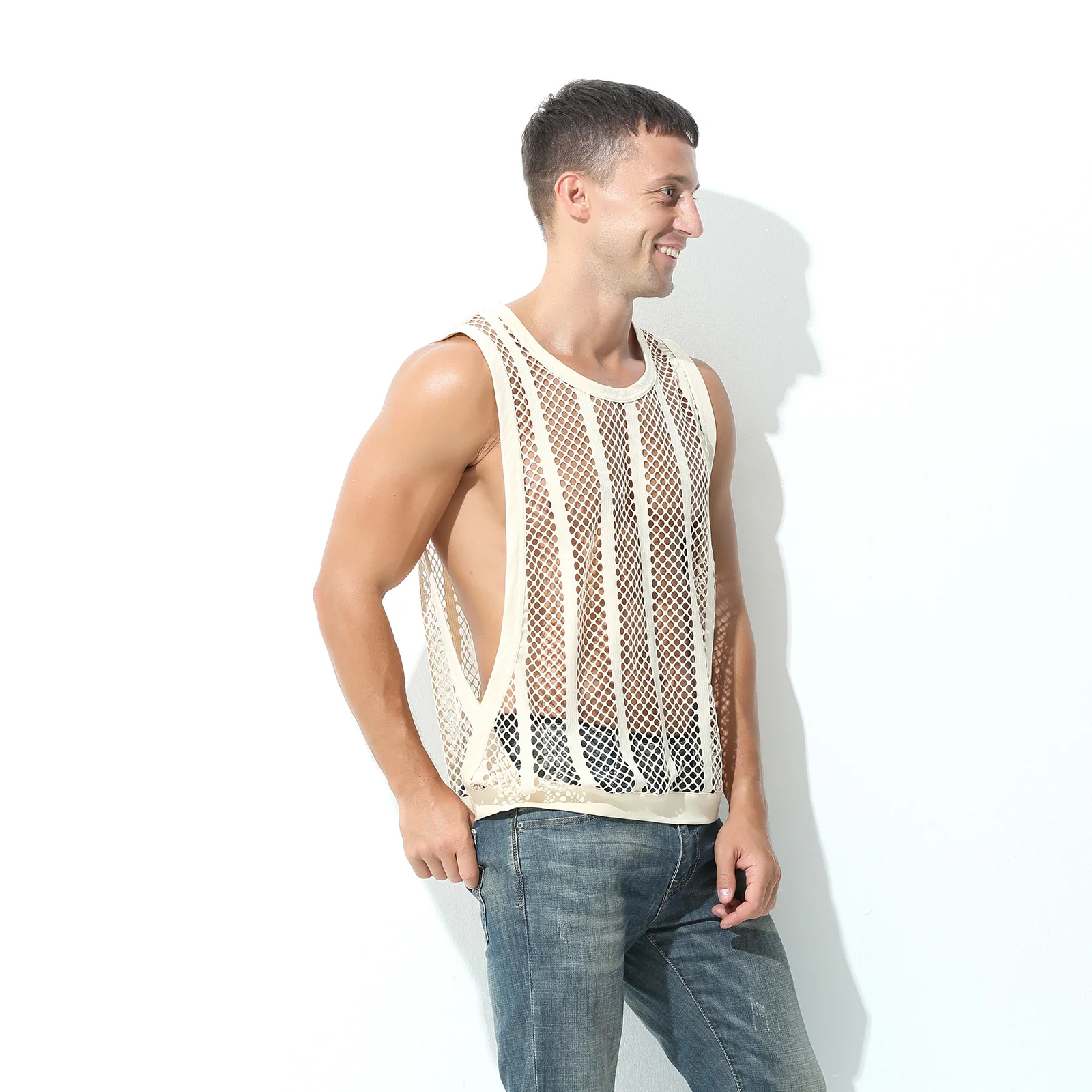 Mens Mesh Sheer Vest Bodybuilding Running Tank Tops Sexy Fishnet Fitness Sportwear Muscle Sleeveless Hollow Singlet Quick Dry